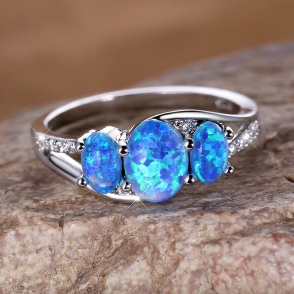 NEW 14k White Gold Blue Opal Diamond Ring Oval Cut Ring - Picture 3 of 6